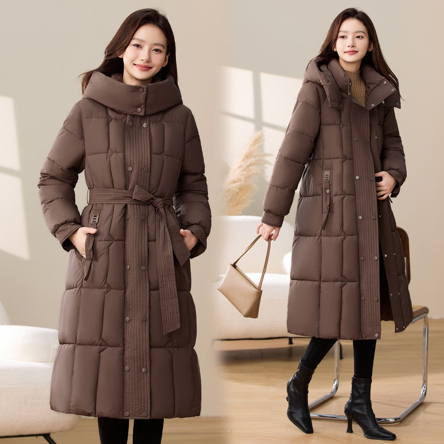 Longline Hooded Puffer Coat – Slim-Fit Waist-Defined Winter Jacket For Women (M-3XL, 5 Colors)