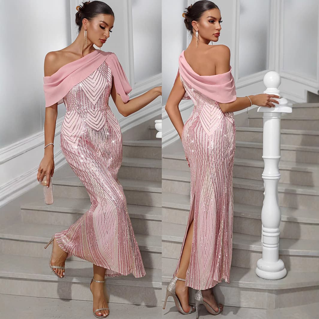 Women's Clothing Sexy One Shoulder Chiffon Sequined Dress