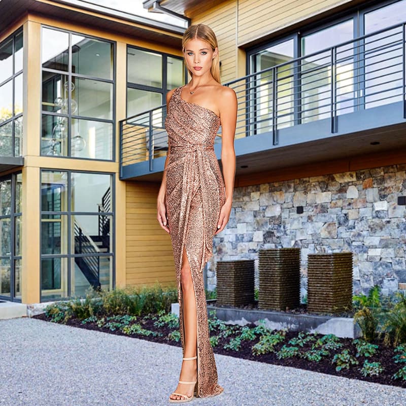 women's one-shoulder pleated sequined long skirt temperament waisted ribbon dress dress