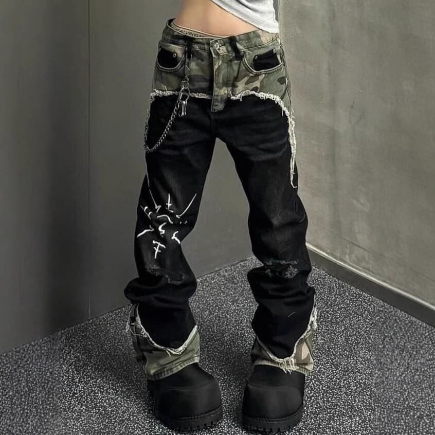 Men's Clothing American Street Style Large Size Retro Camouflage Patchwork Jeans Women's Hip Hop Niche Straight Drape Casual Mopping Pants Trend