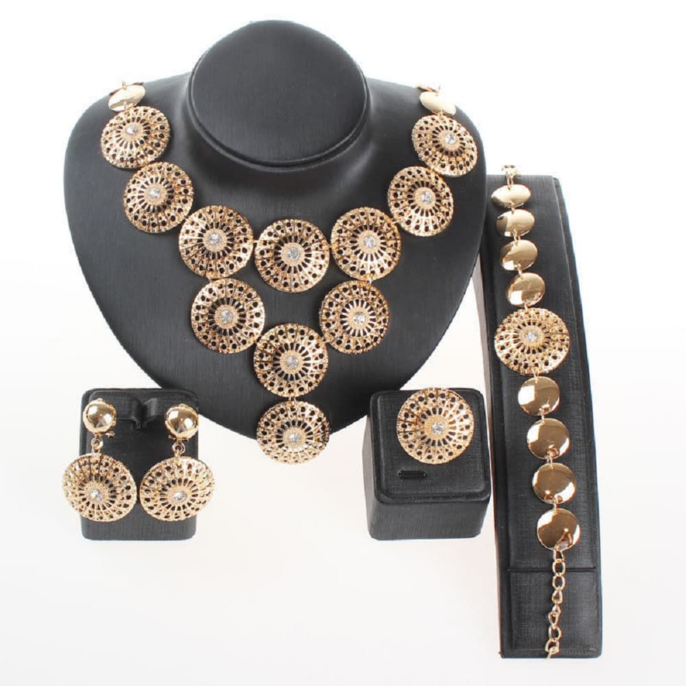 Dubai Jewelry Sets For Women Ring Link Round Pendant Crystal Necklace Earrings Bracelet Wedding Party Gift