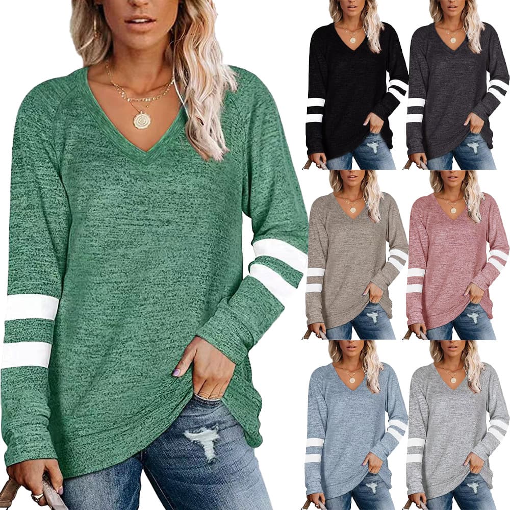 Women's Clothing Long Sleeve Contrast Panel V-Neck Loose Casual T-shirt Top