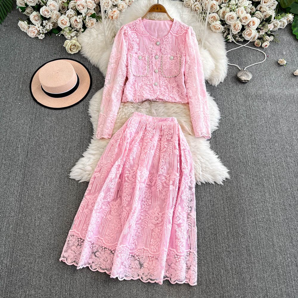 Female Temperament Celebrity Light Luxury Slim Lace Embroidery Beaded Top Skirt Two Piece Suit