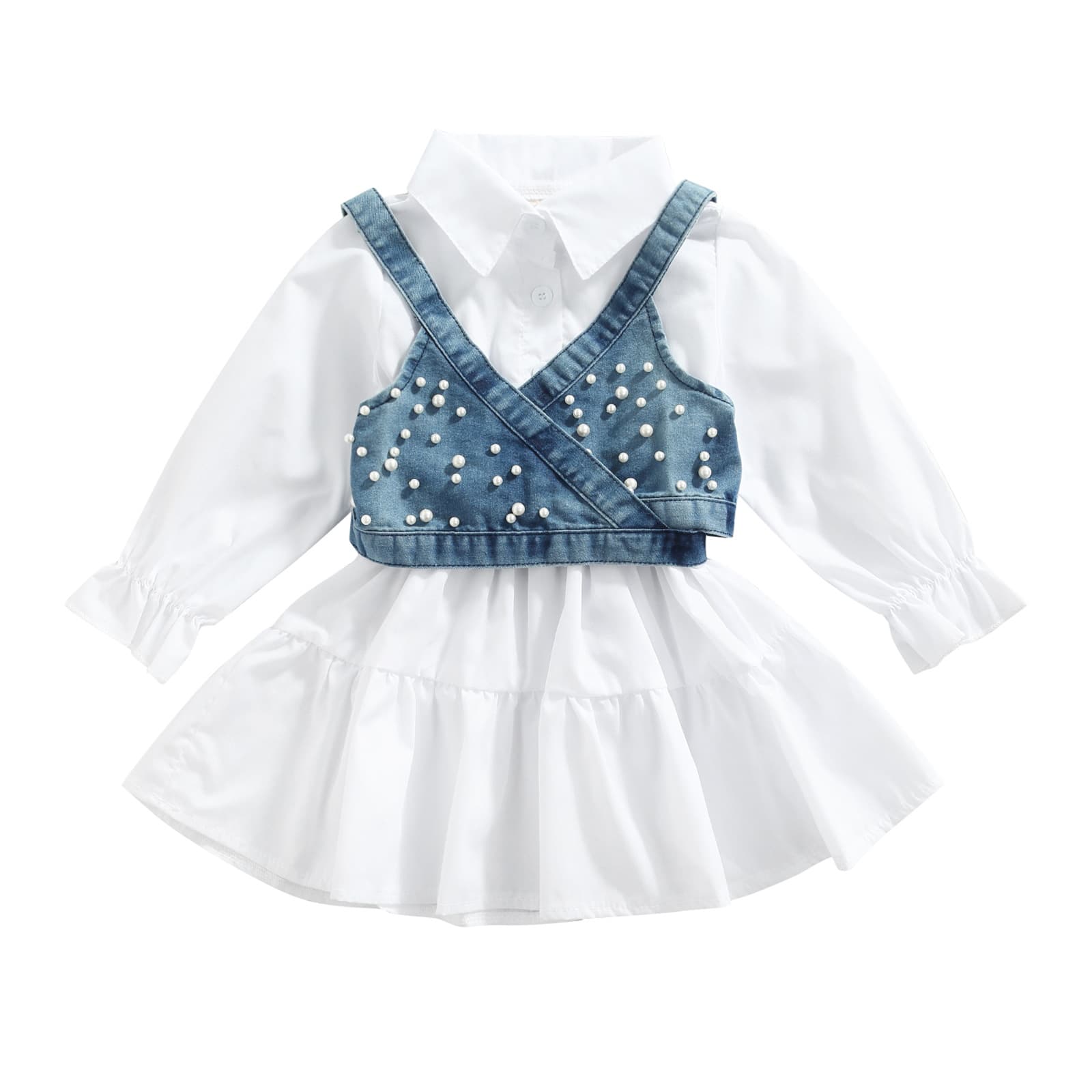 Mother&Kids Girl girl solid color short sleeve spliced petticoat lace up beaded denim halter small vest