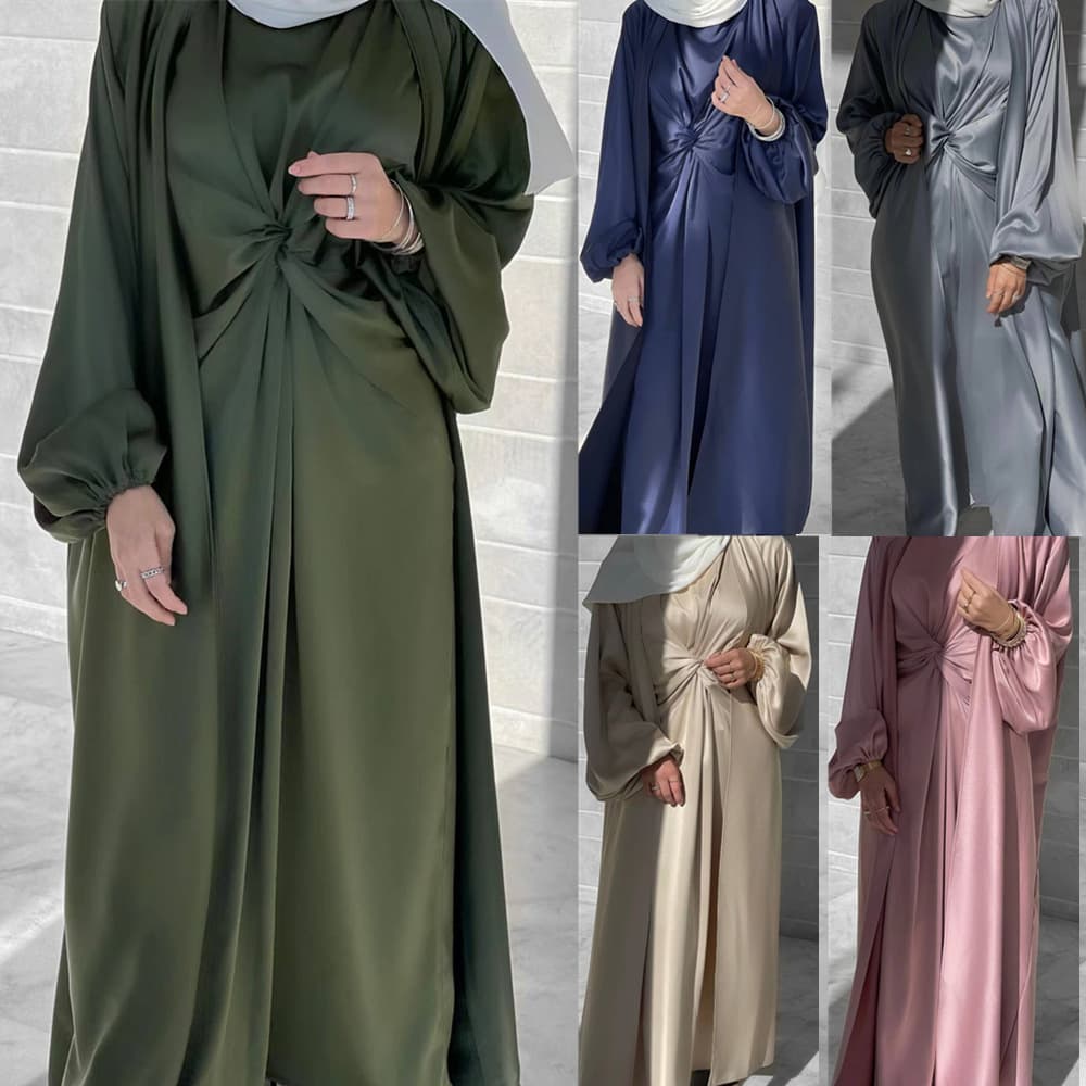 Muslim Fashion Turkey Dubai Fashionable solid color two-piece dress cardigan suit LR511