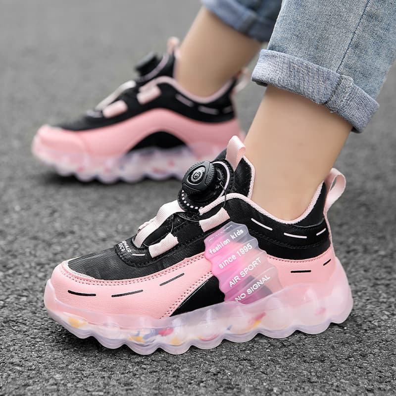 Child's shoes Leather sneakers Big kids rotating button mesh breathable running shoes pink