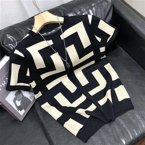 Men's clothing ice silk short-sleeved men's knitted sweater geometric jacquard tops summer new round neck slim bottom half-sleeved men