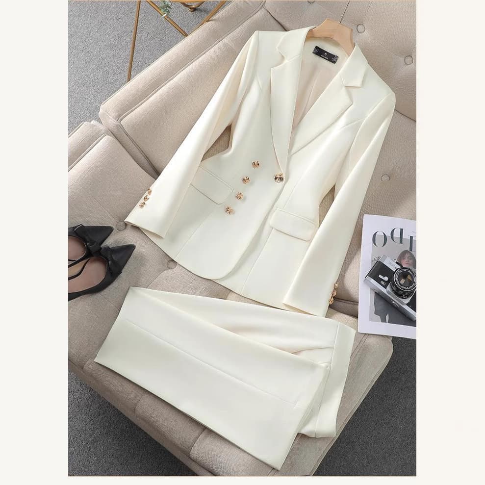 Women's Professional Office Suit Set - Slim Fit Blazer & Pants, Polyester-Spandex Business Attire For Work (White/Black/Pink)