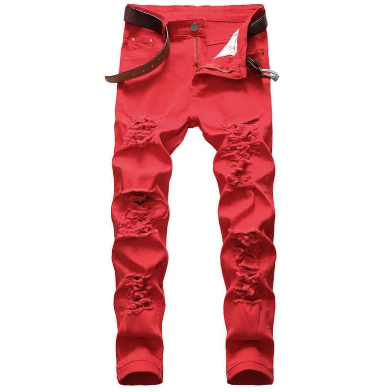 Men's Men Slim Mens Trousers Zipper Red Hole Pencil Pants Denim Jeans For Man Straight Full Length T221102