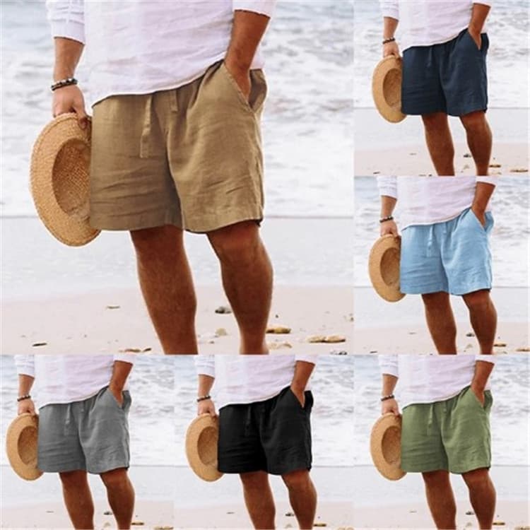 Cotton Linen New Men Short Pants Summer Solid Drawstring Elastic Waist Pockets Male Casual Streetwear Beach Shorts