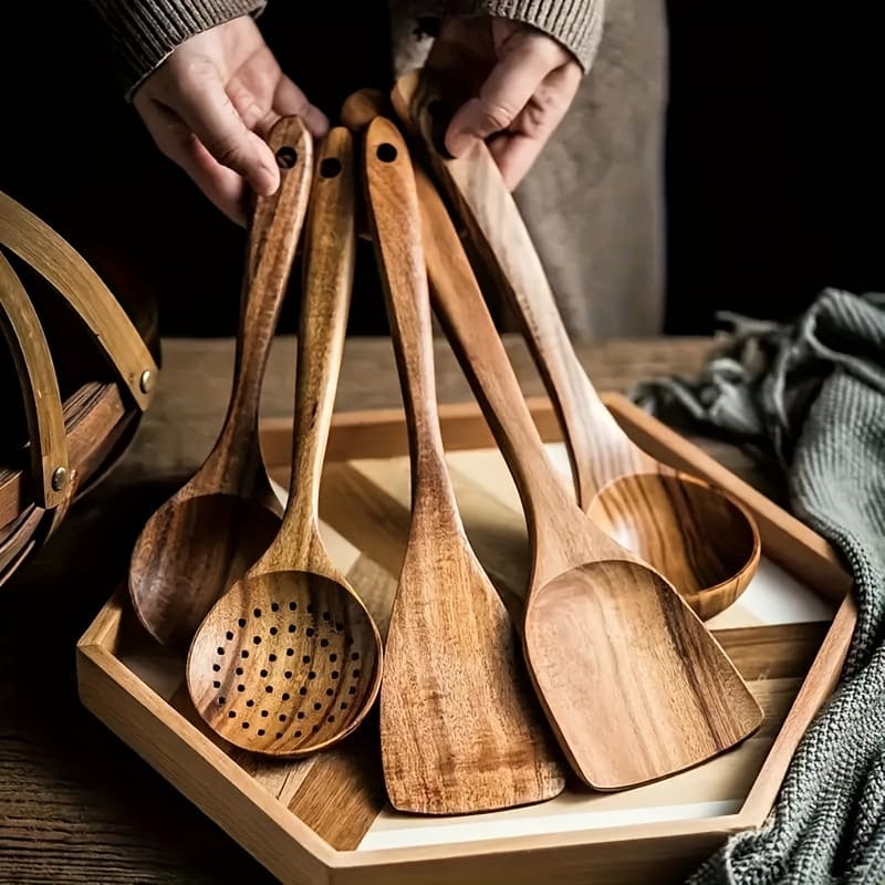 Premium 5pcs Wooden Kitchen Utensils Set Ergonomic Handle Natural Wood Spoon Spatula Non-Stick Pan Scraper