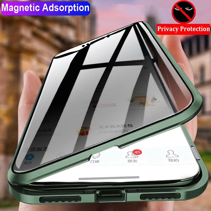 Metal Anti-peeping Phone Cover Double-sided Glass Mobile Phone Skin Case For 14 13 12 11 Pro Xs Max XR 7 8 6 Plus SE020 12Mini 13Mini