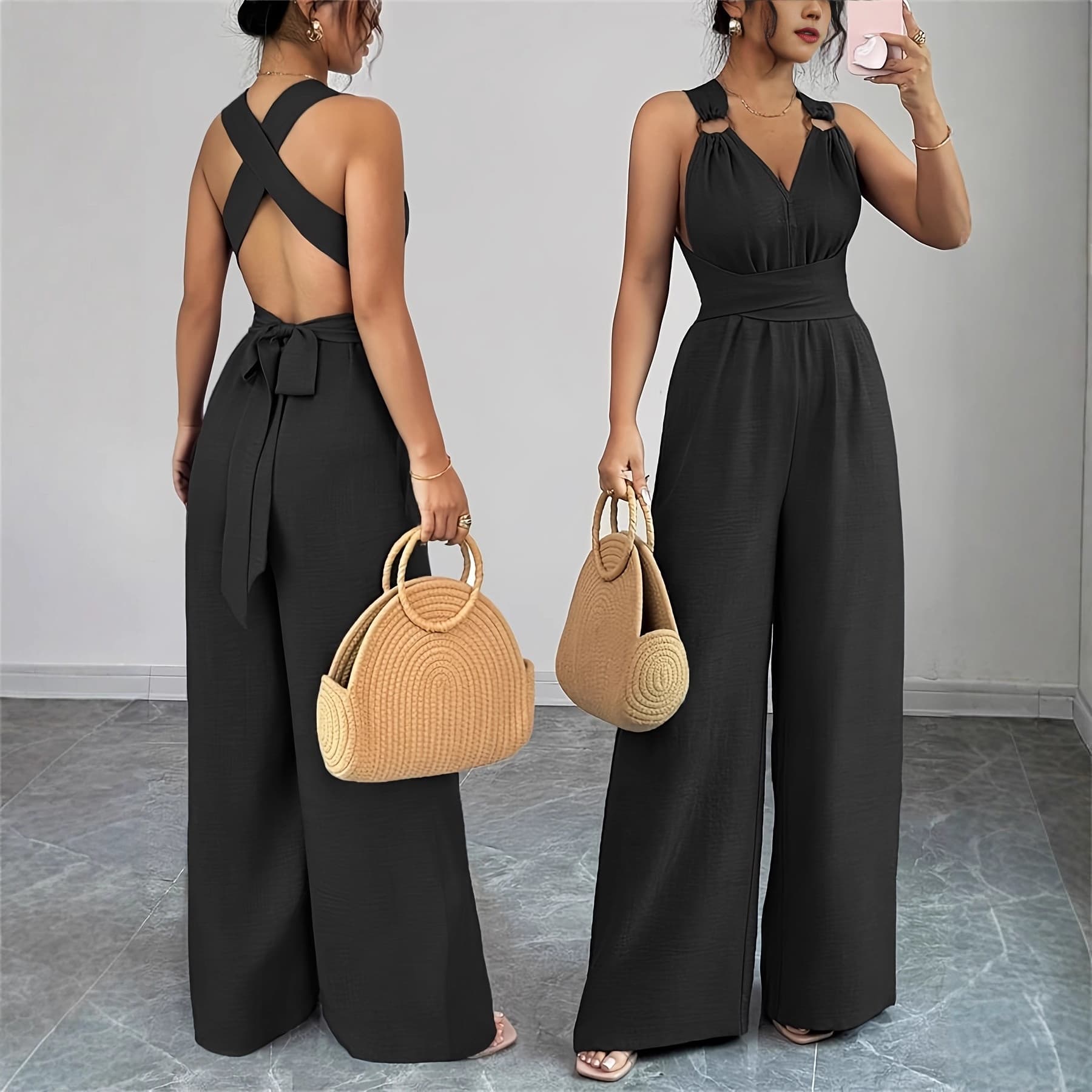 2025 European And American Cross-Border New Women's Fashion Sexy V-Neck Backless Cross Belt Wide-Leg Jumpsuit