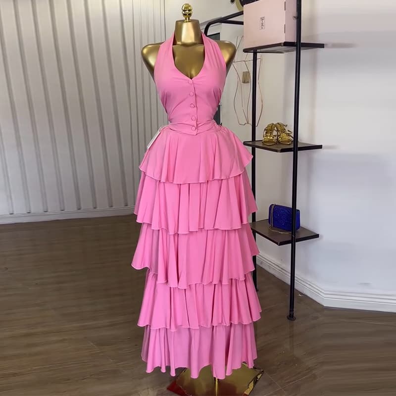 Women's Clothing Summer New Sweet And Fresh Halter Neck Vest High Waist Cake Skirt Two Piece Suit