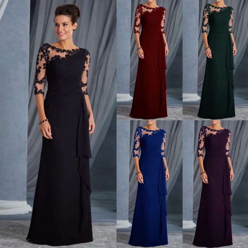 Women's beauty clothing long lace see-through round neck mid-sleeve dress, wedding dress, cross-border exclusive, new style