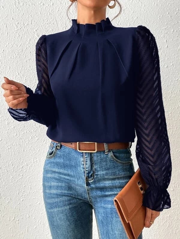 Women's Clothing Autumn And Winter New Half-high Collar Stitching Wavy Chiffon Long-sleeved Tops For Women