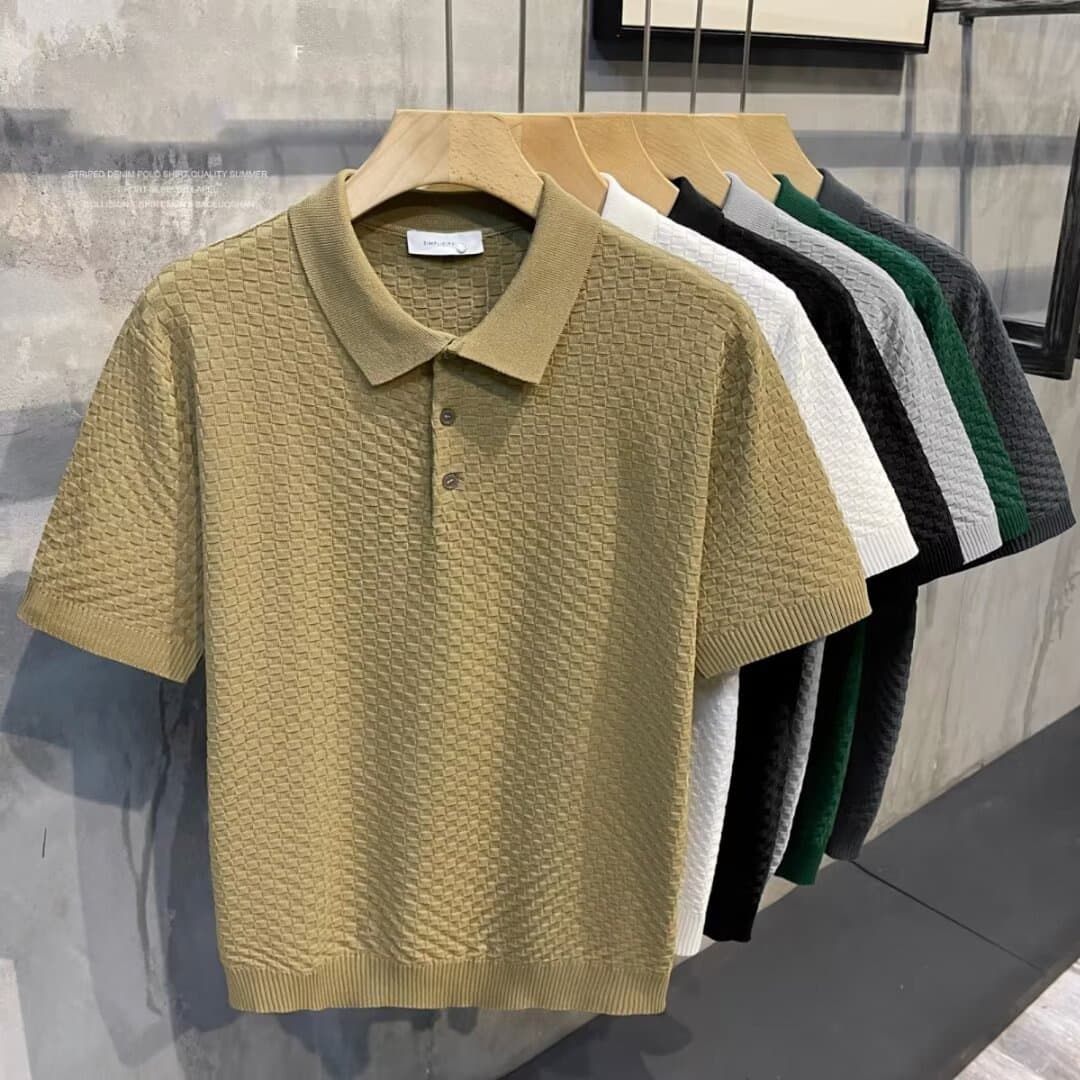 Men's Clothing Summer New Slim Thin Knitted Sweater Short Sleeved Business T Shirt Trendy Round Neck Polo Shirt Men's Textured Lapel