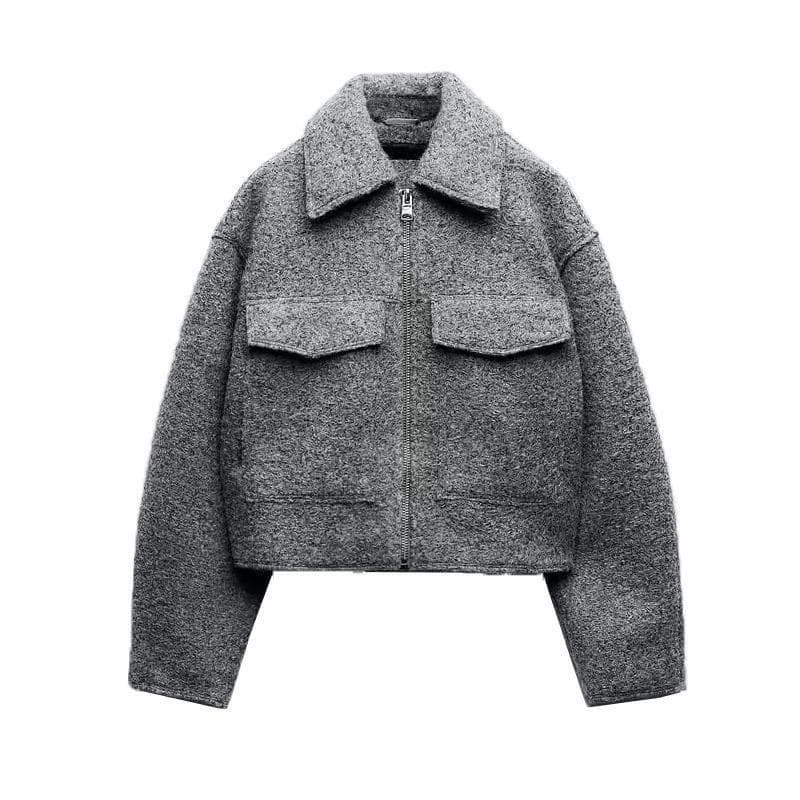 Women's Clothing long sleeved lapel loose large pocket woolen short jacket