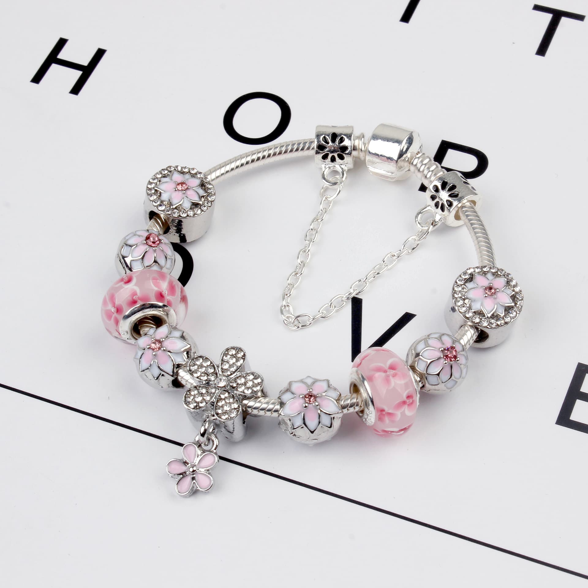 European And American Style Fresh Pink Daisy Snake Bone Chain Bracelet, DIY Glass Bead String Jewelry