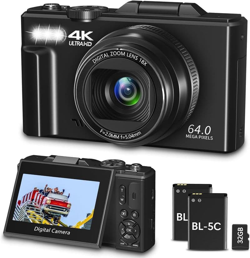 For Photography, WiFi 64MP 4K Vlogging F 3" 180° Flip Screen 18X Digital Zoom Compact Vlog Travel Camera With 32GB TF
