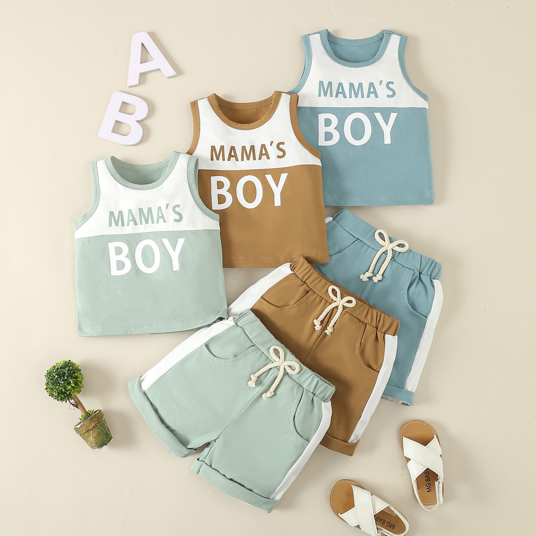 Mother & Kids Children's clothing from one batch 2024 infant and toddler summer sleeveless letter print splicing casual boy small suit