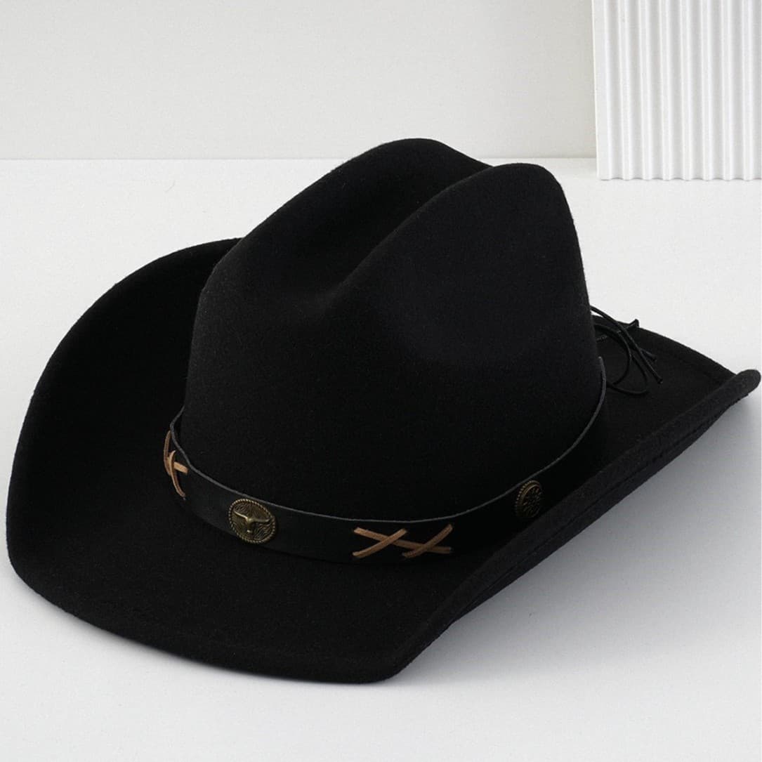Unisex Retro Felt Cowboy Hat Style Top Hat Metal Brass Bull Head Leather Braided Rope Detail