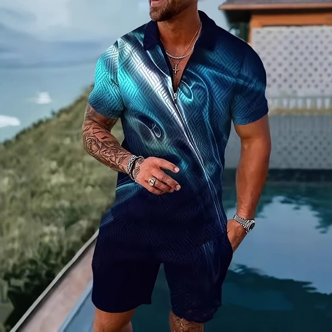 New 2025 Men's Polo Suit Fashion Men Sets Solid Summer V-neck Zipper Short Sleeve POLO Shirt+Shorts Two Pieces Men Casual Suit