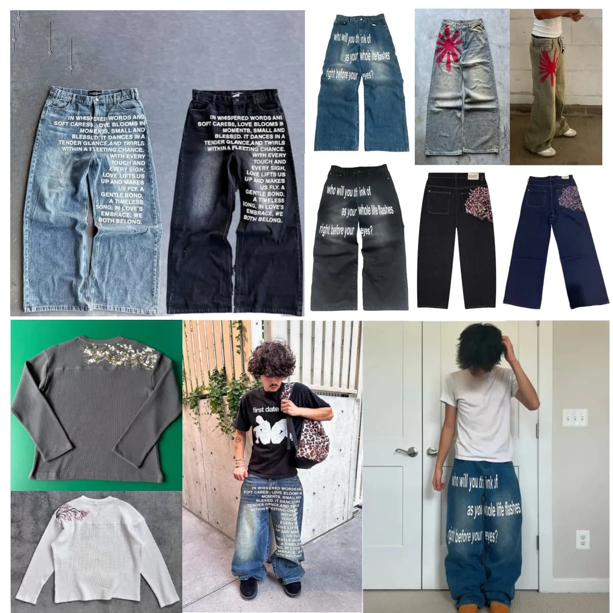Men's Jeans Letter Prints And Plum Blossom Embroidery Patches American Y2K Hip Hop Printing Straight Men Street Casual