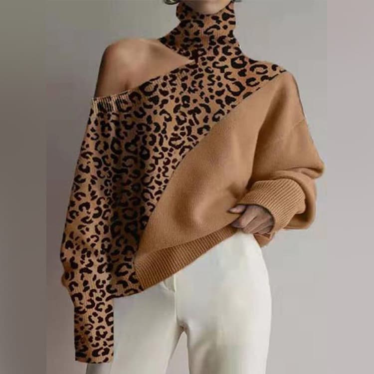 Women's Clothing large size autumn and winter new turtleneck off shoulder sweater women's leopard print long sleeved top