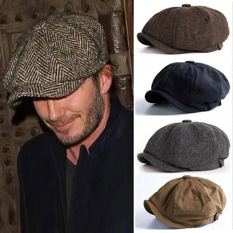 Retro Beret British Wool Blend Vintage Herringbone Tweed Men Casual Newsboy Hat Flat Cap