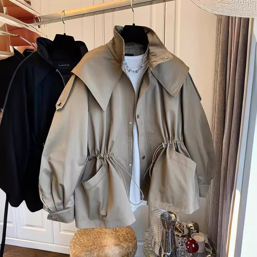 Women's casual drawstring waist tooling trench coat coat female spring and autumn short