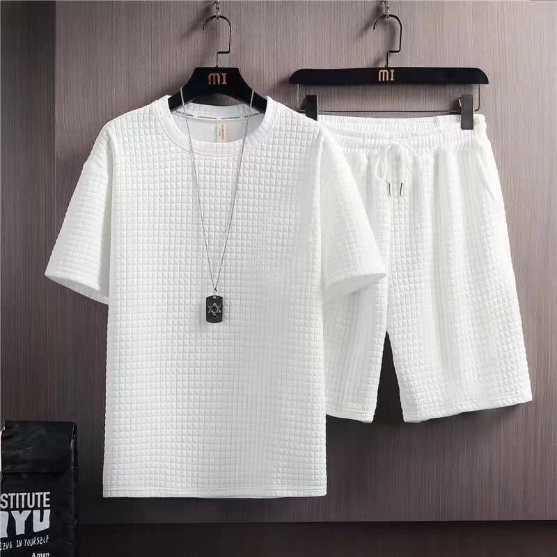 Summer Casual Sports Set, Fashionable Waffle Shorts With Short Sleeves, Two Pieces Ruffled Men's Clothing, One Set Of
