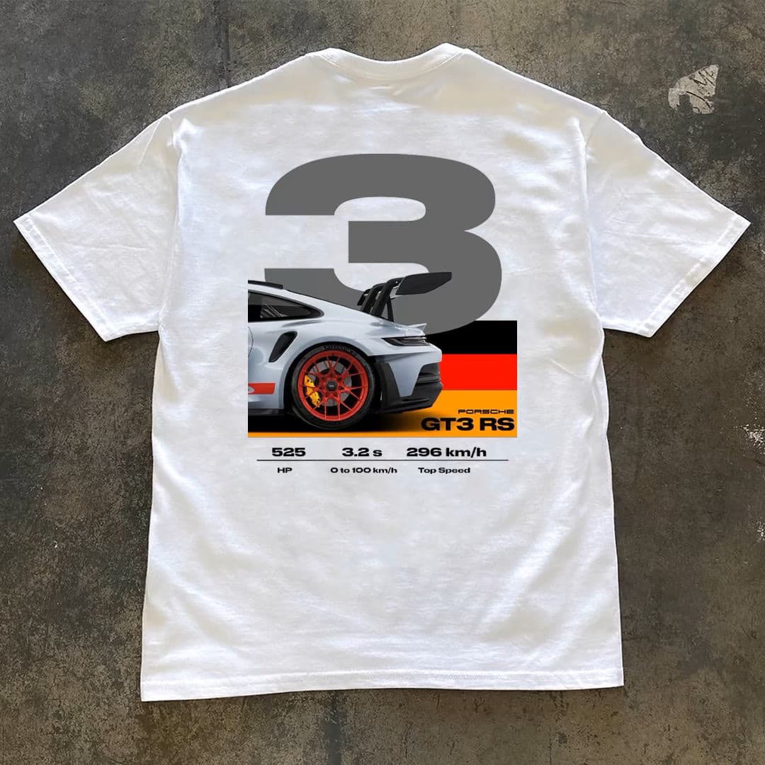 2025 Summer Short-sleeved T-shirt PORSCHE911GT3 White Opaque Cotton Loose Top Half-sleeved T-shirt