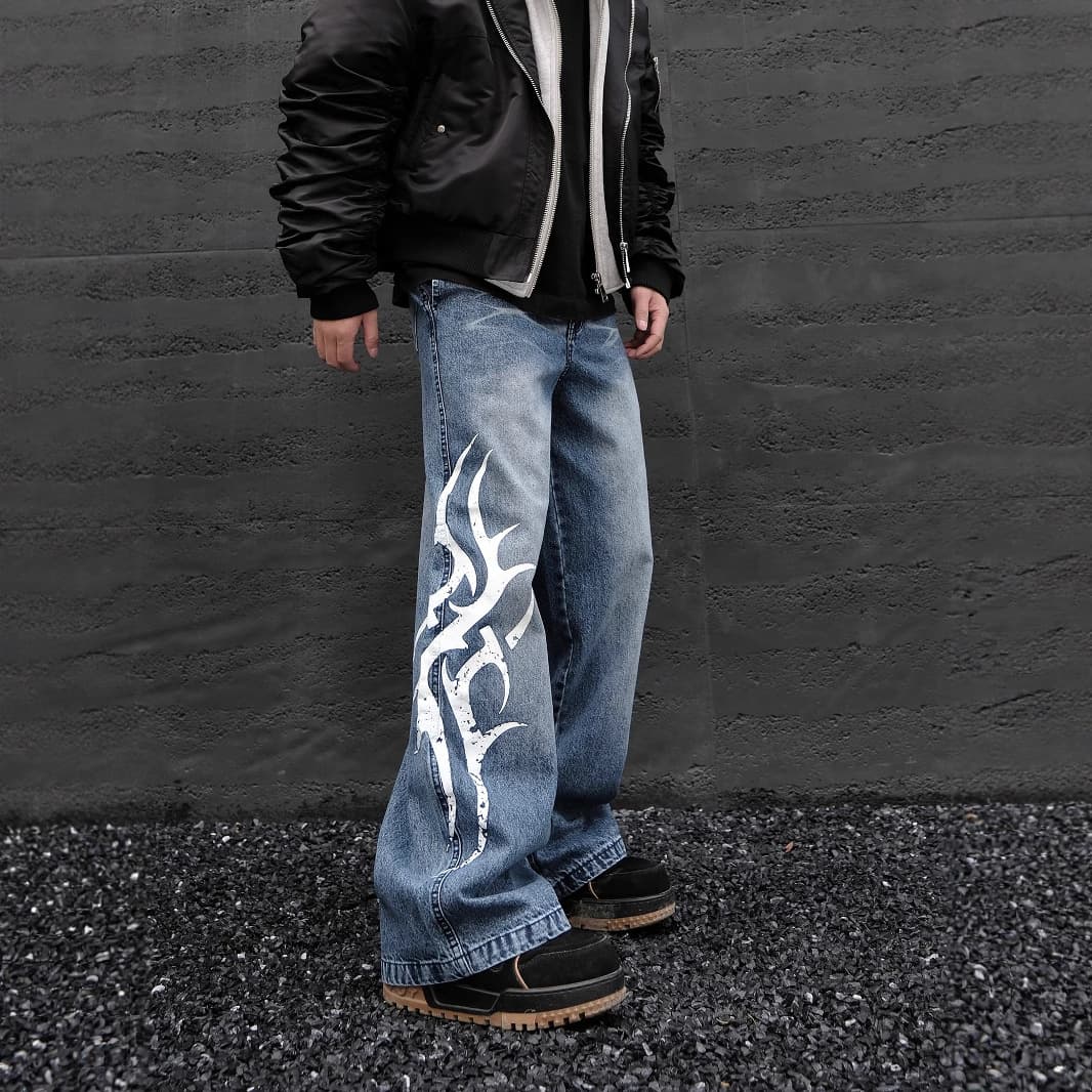 Men's Clothing High Street Washed Distressed Printed Jeans Men Summer Street Hip Hop Straight Wide Leg Flared Pants