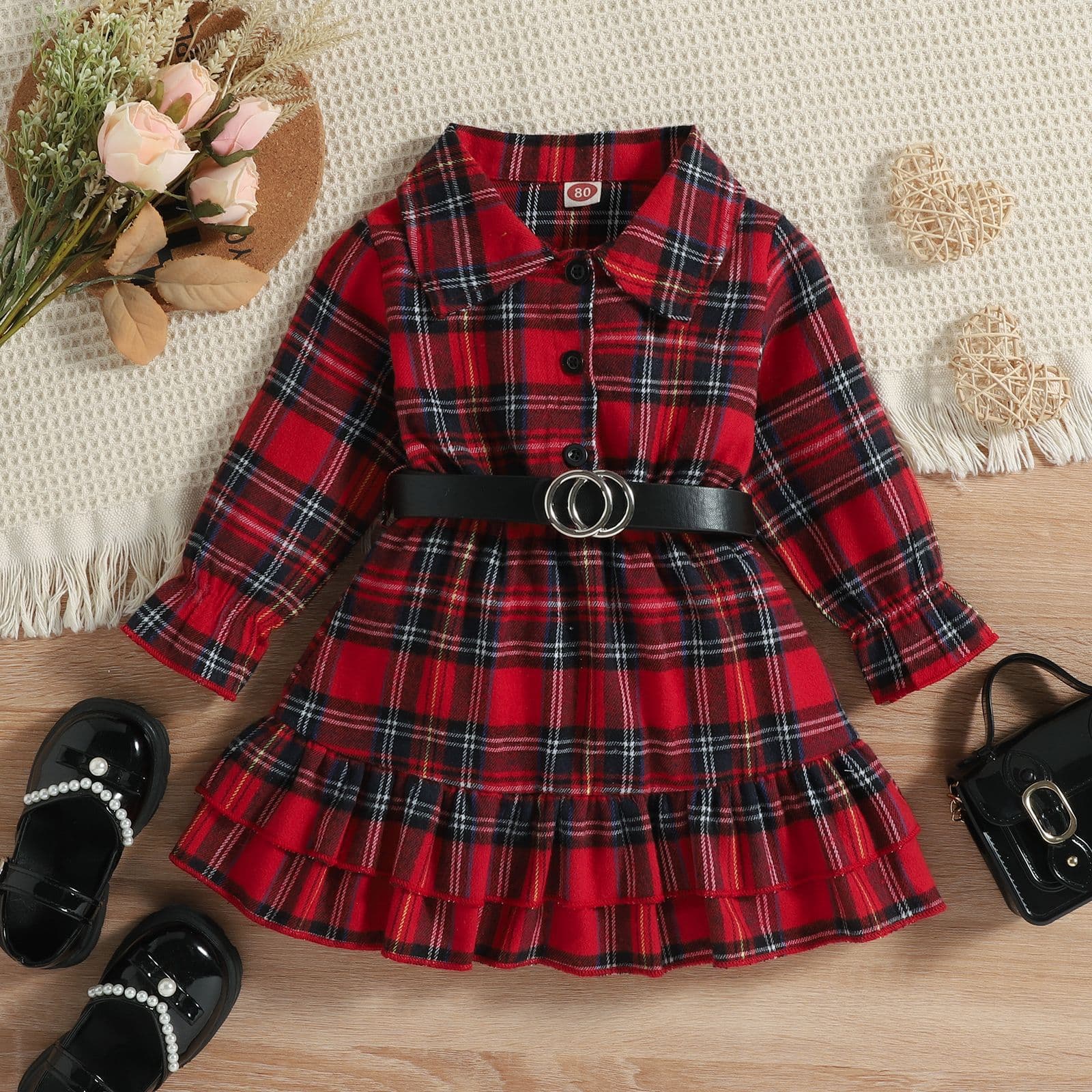 Baby clothes Lady Christmas Princess woolen plaid children's dress with belt