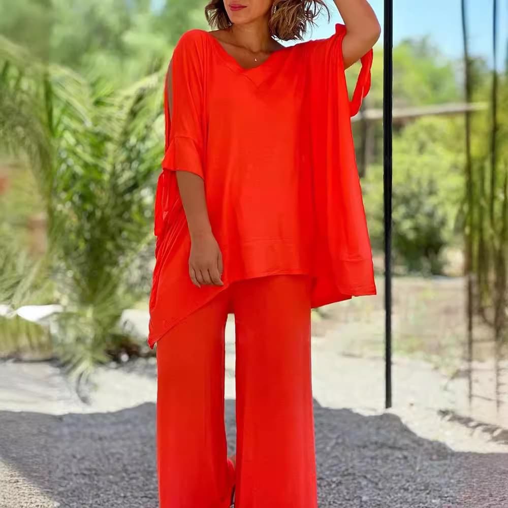 Women's two-piece summer lace-up V-neck five-sleeve loose casual solid color pants wide-leg suit