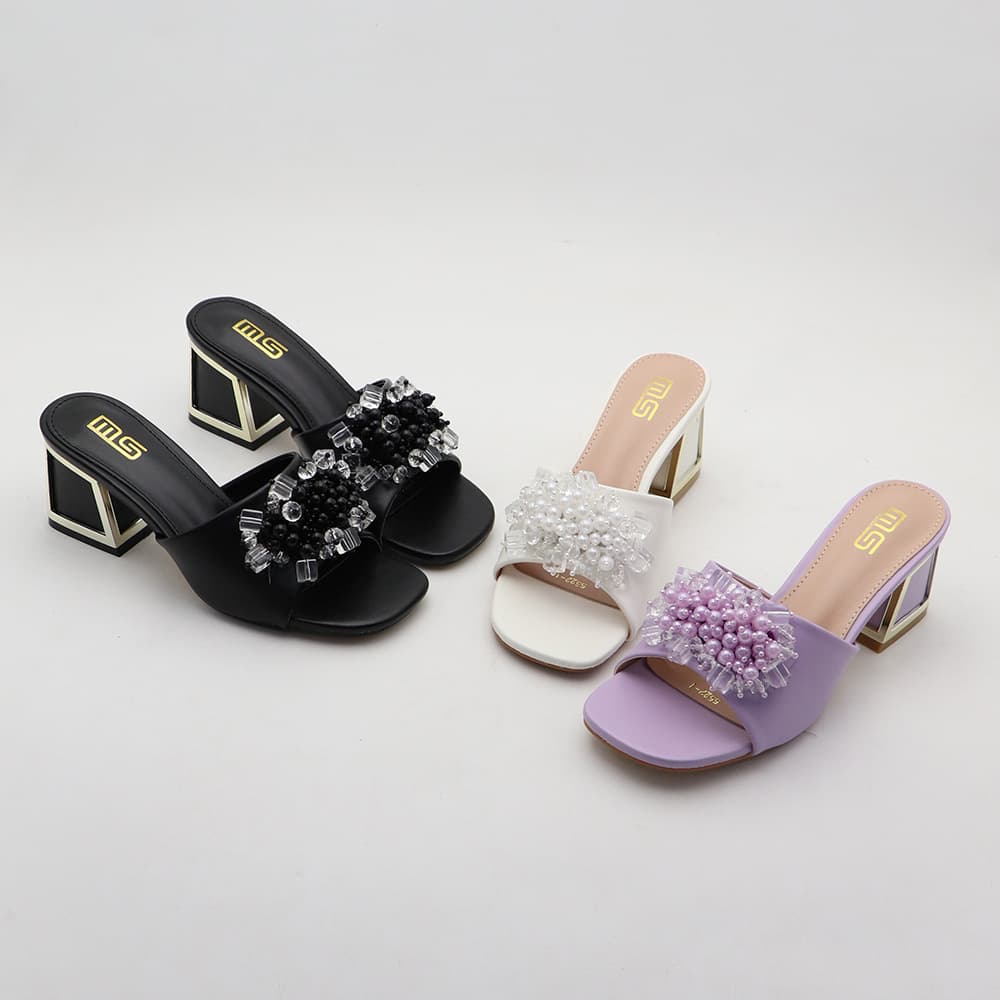 MS Women's Summer Sandals - Elegant Beaded Square-Toe High Heels For Parties & Casual Wear (Black/White/Purple, 36-42)