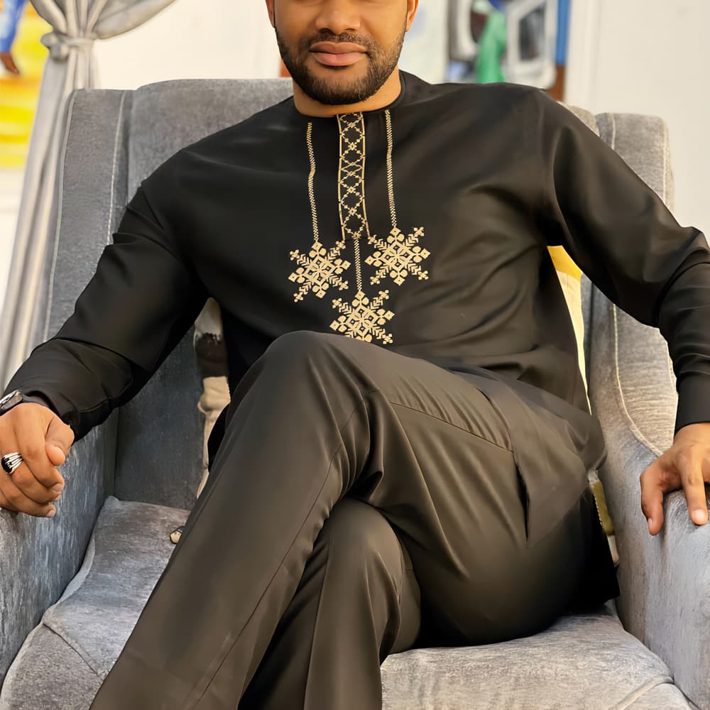Moslem New Ethnic Style Men's Embroidered Shirt and Solid Color Drawstring Pants 2 Piece Suit Set