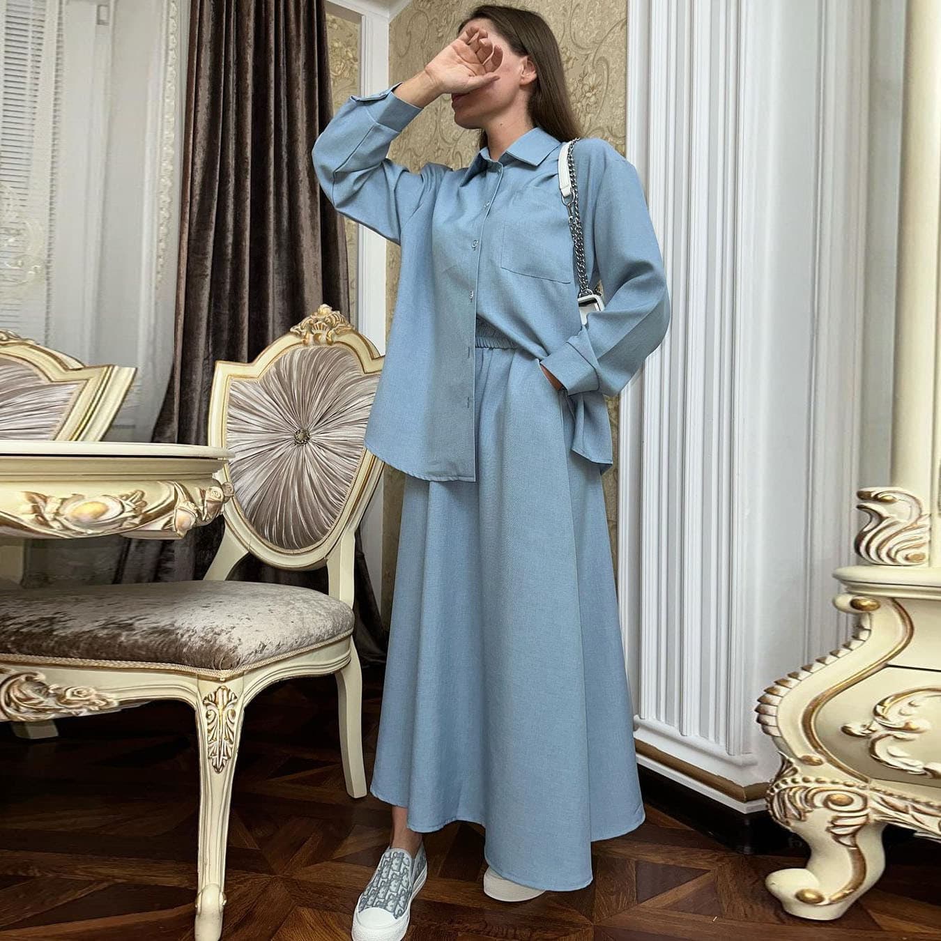 Women's Clothing Spring Loose Long Sleeved Shirt Skirt Casual Suit