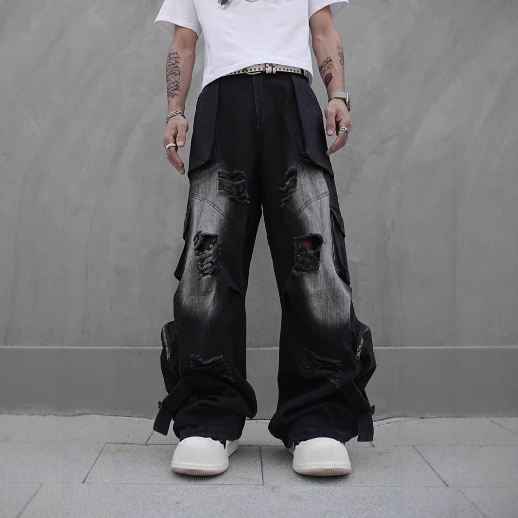 Men's Clothing Vibe Street Hip Hop Overalls Hip Hop Jeans Straight Wasteland High Street Multi Pocket Mopping Pants