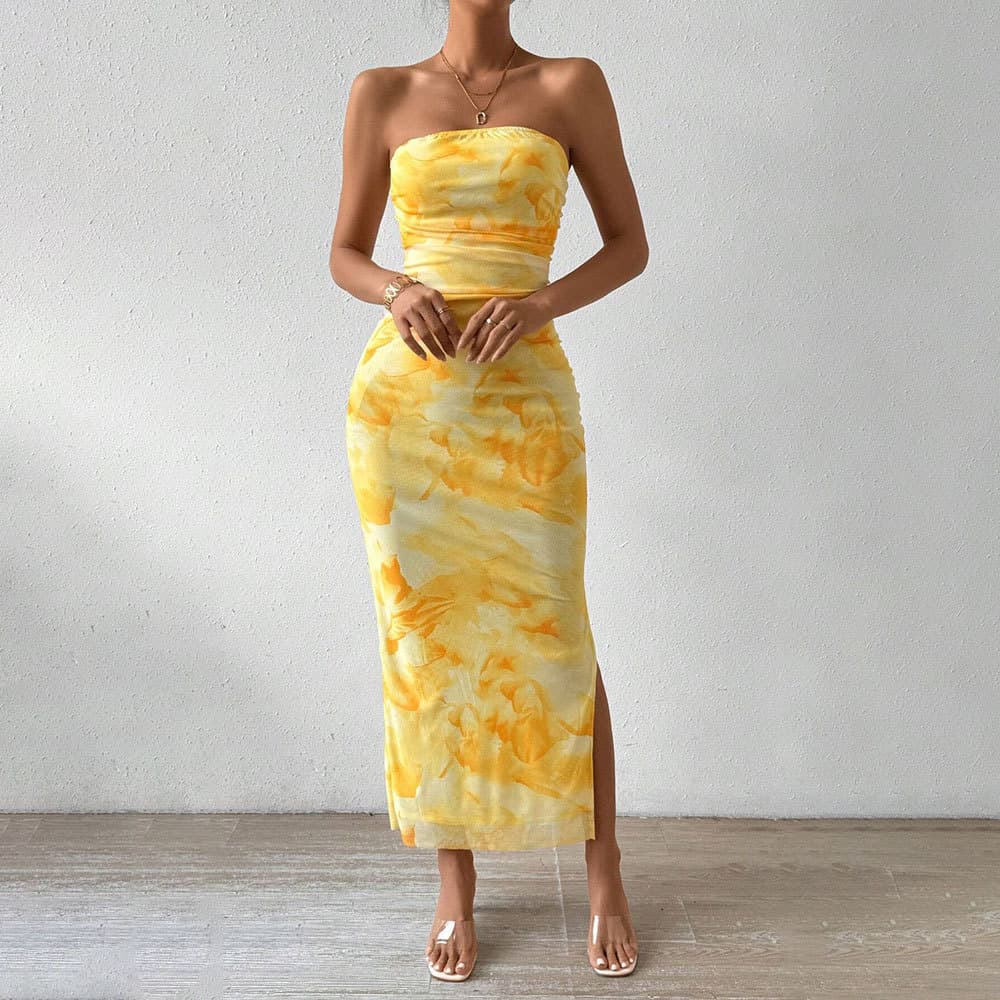 Women's Clothing TK Mesh Printed Dress New High Waist Slim Slit Tube Top Hip Skirt