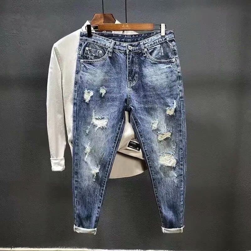 Men's Clothing 2024 New Ripped Jeans Men's Slim Fit Skinny Nine-Point Trendy Brand Spring New Light Color Korean Style Trendy Casual Men's Pants