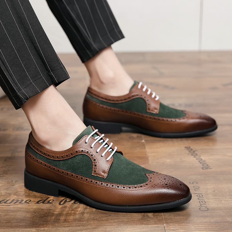 Spring New Color Blocked Pointed Leather Plus Size Formal And Casual Shoes, Low Cut Lace Up Men's Shoes