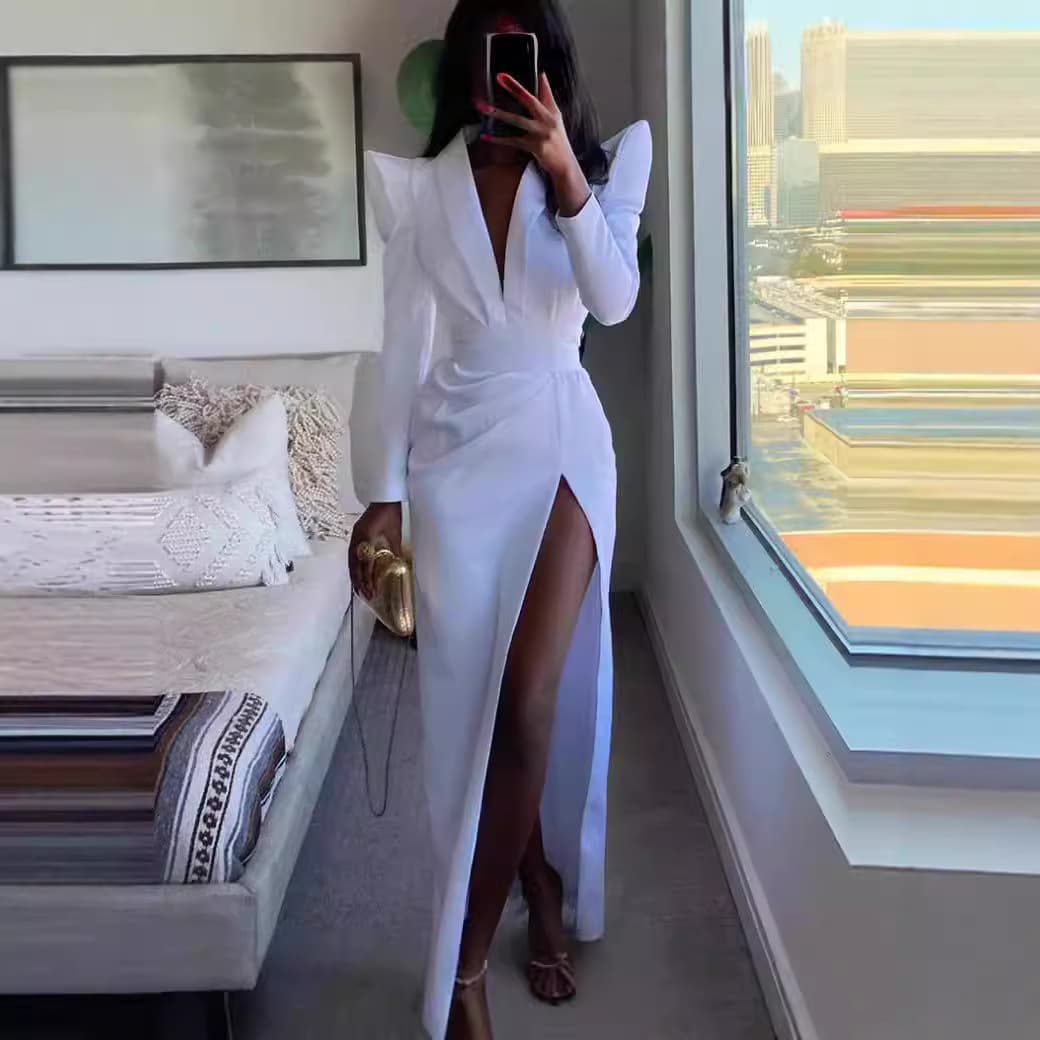 Women's Clothing Spot new long sleeves sexy v neck independent station women's clothing wide shoulders waist high slit long skirt