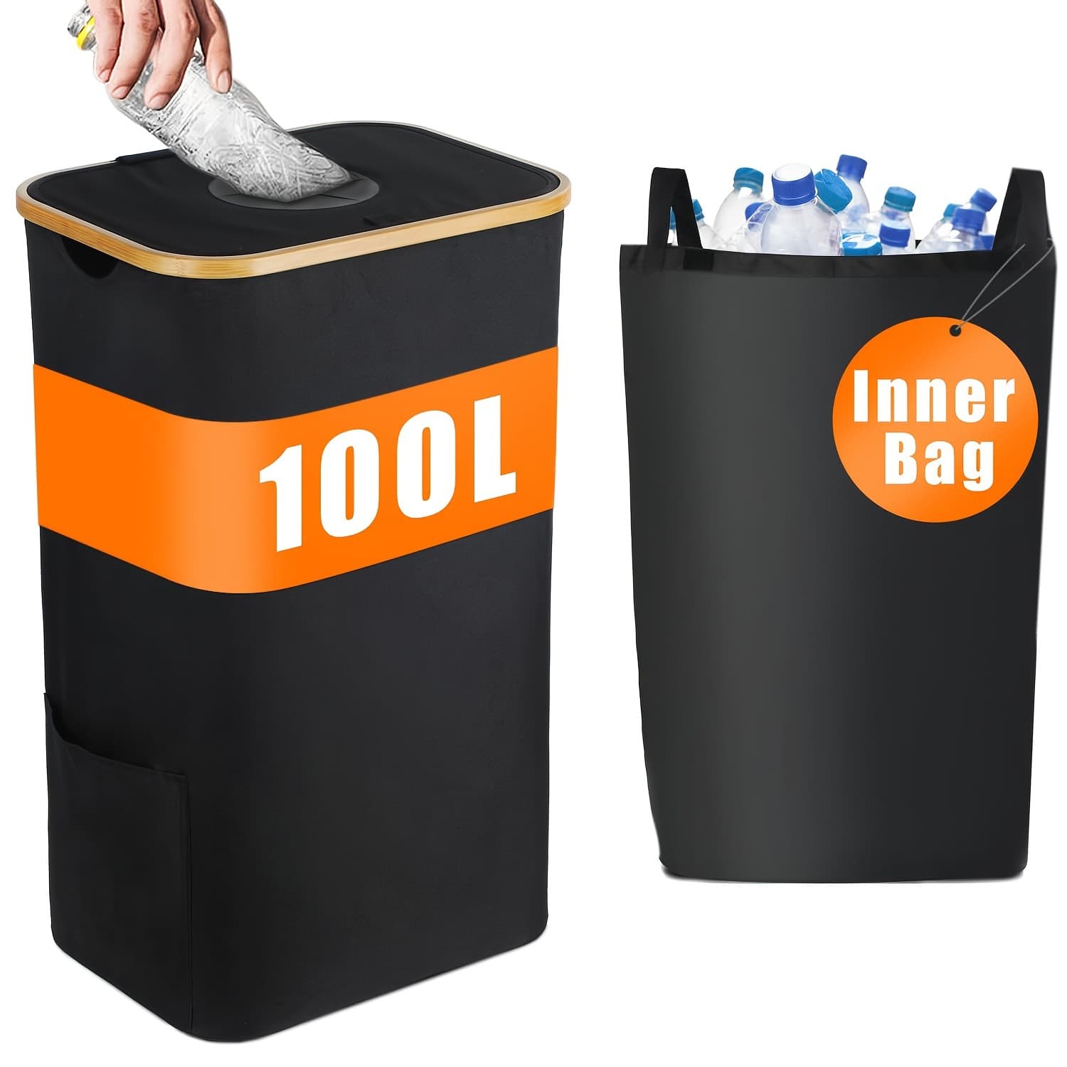 Bamboo Recycling Bin With Removable Lid – Foldable Kitchen Waste Basket For Bottles, Cans & Eco-Friendly Home Storage