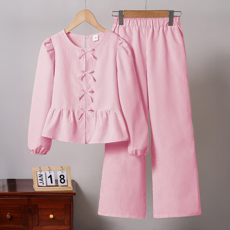 Girls Spring Striped Shirt And Wide Leg Pants Set Long Sleeved Bow Detail Loose Fit Young Girls Clothing For Ages 8-16