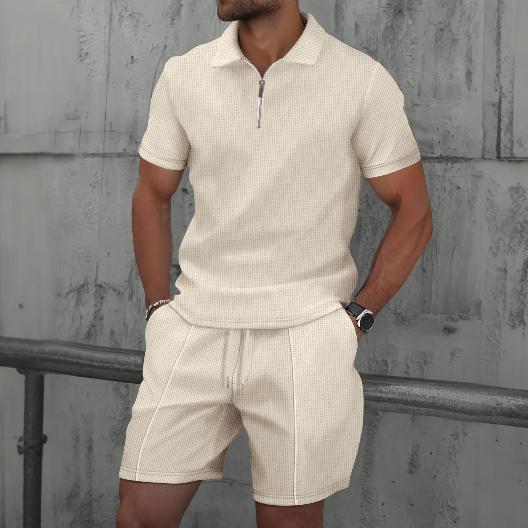 Men's Waffle Fashion Set - Short Half Zip Casual Trendy Suit Spring Summer Autumn Elegant Basic Polyester Regular Fit