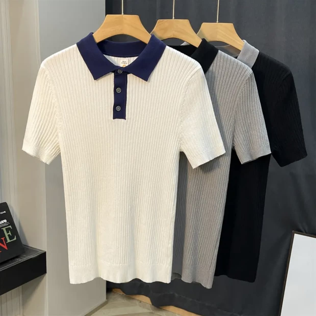 Men's Clothing Light luxury color matching slim breathable knit sweater men's polo shirt short sleeve summer casual all match half sleeved T shirt