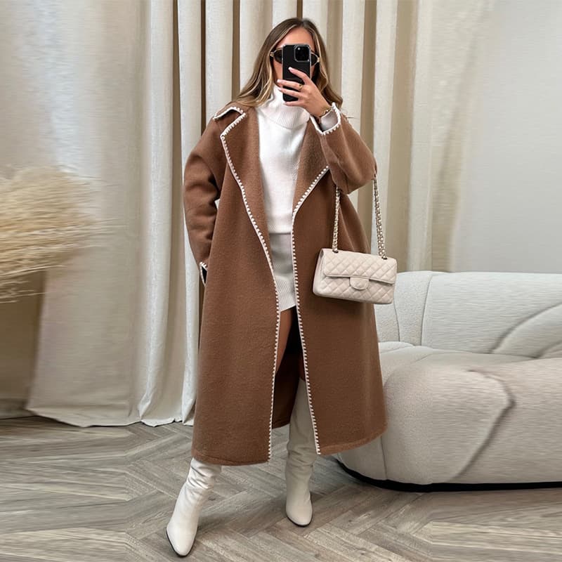 Elegant Embroidered Wool Blend Coat For Women - Loose Fit Long Sleeve Trench Coat With Lace Detailing, Autumn Winter Fashion Outerwear