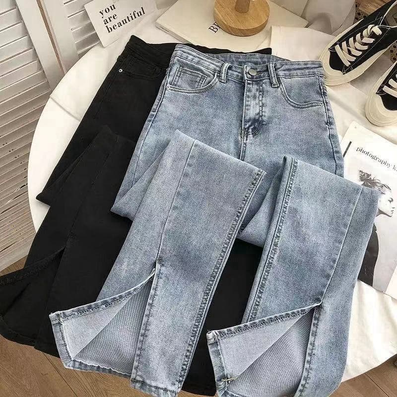 Women's High-Waisted Stretch Flared Jeans - Split Hem, Comfort Fit, Vintage Wash (Light Blue, Retro Blue, Black)